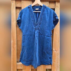 UPCYCLED H&M Denim V-Neck Loose Tunic Style Dress with Distressed Hem - sz 4